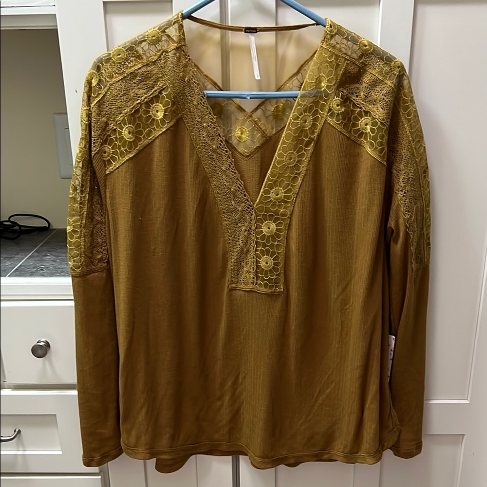 Free People Lace Trimmed mustard long sleeve